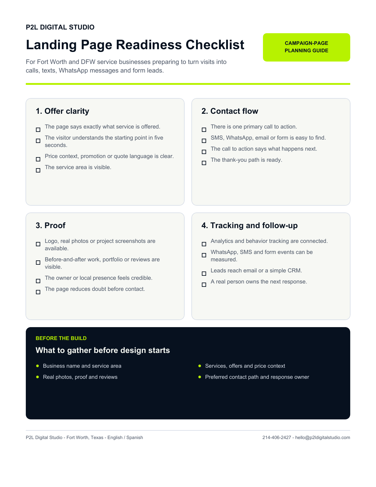 First-page preview of the P2L Landing Page Readiness Revisarlist