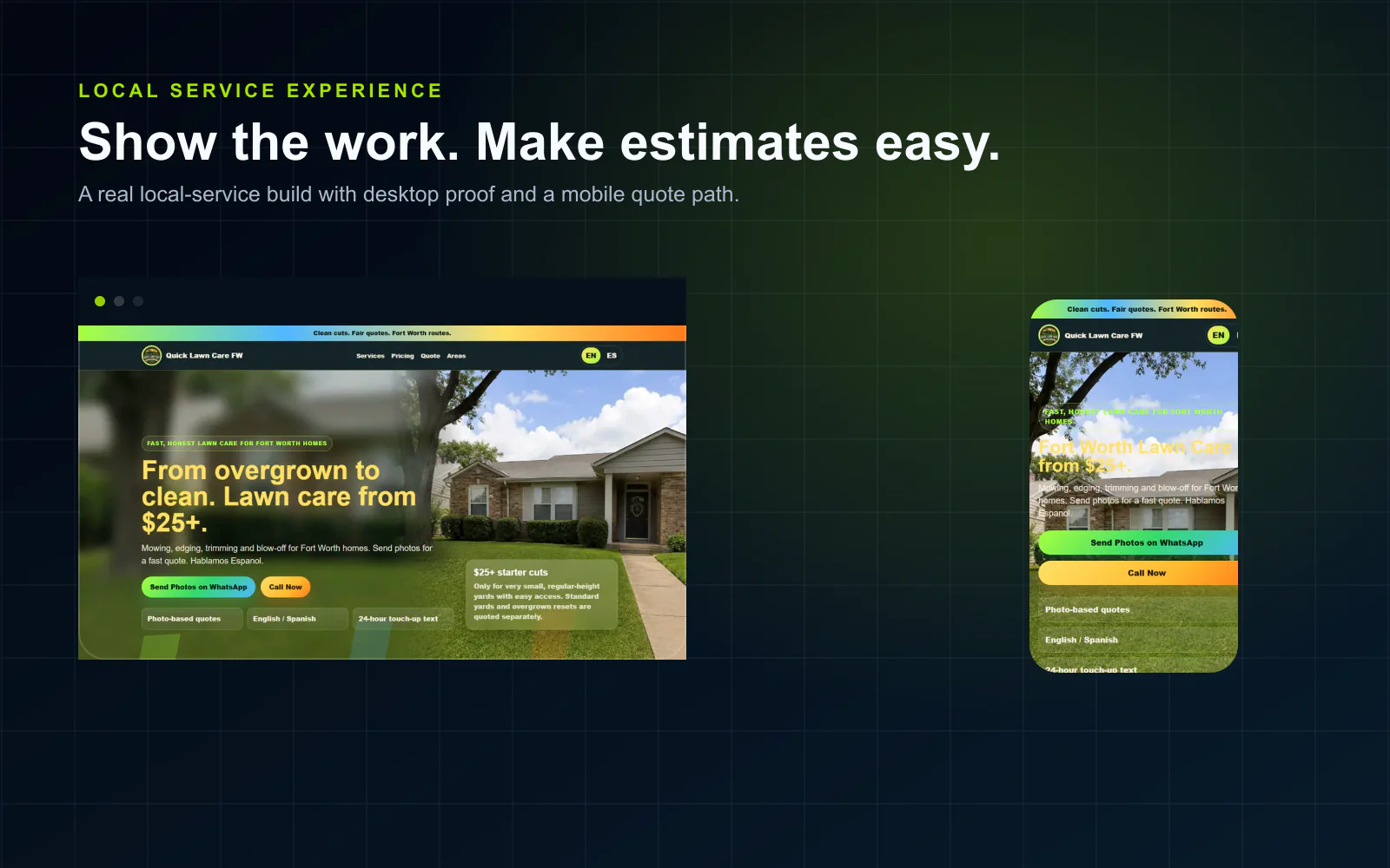 Contractor landing page visual for estimates, service areas and project requests.