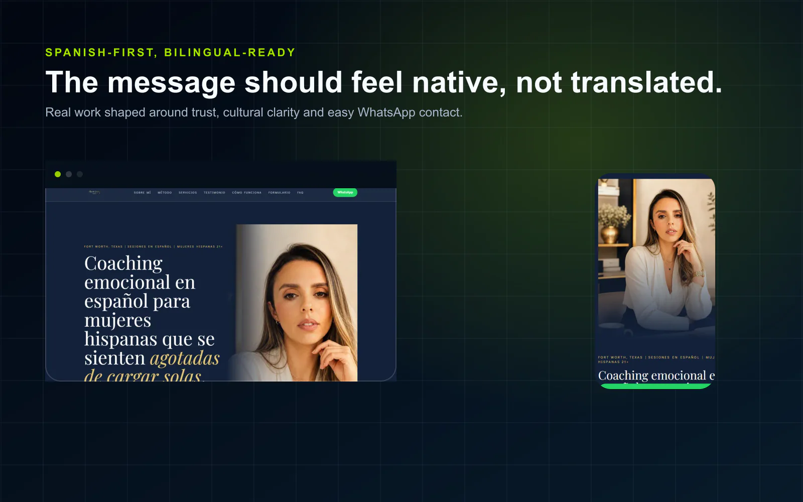 Bilingual landing page preview in English and Spanish.