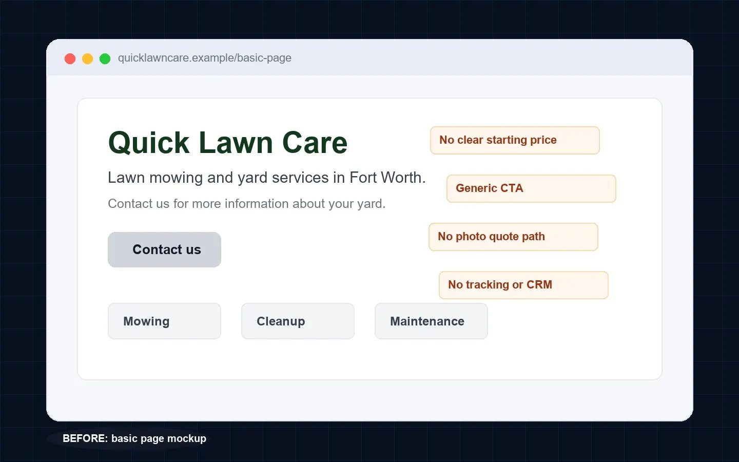 Quick Lawn Care page before redesign